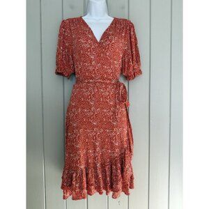 Boden Jersey Wrap Dress 10R Vermillion Azure Pop Paisley Floral Ruffle Orange